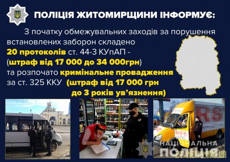Поліція Житомирщини вже склала 20 адмінматеріалів на порушників правил карантину